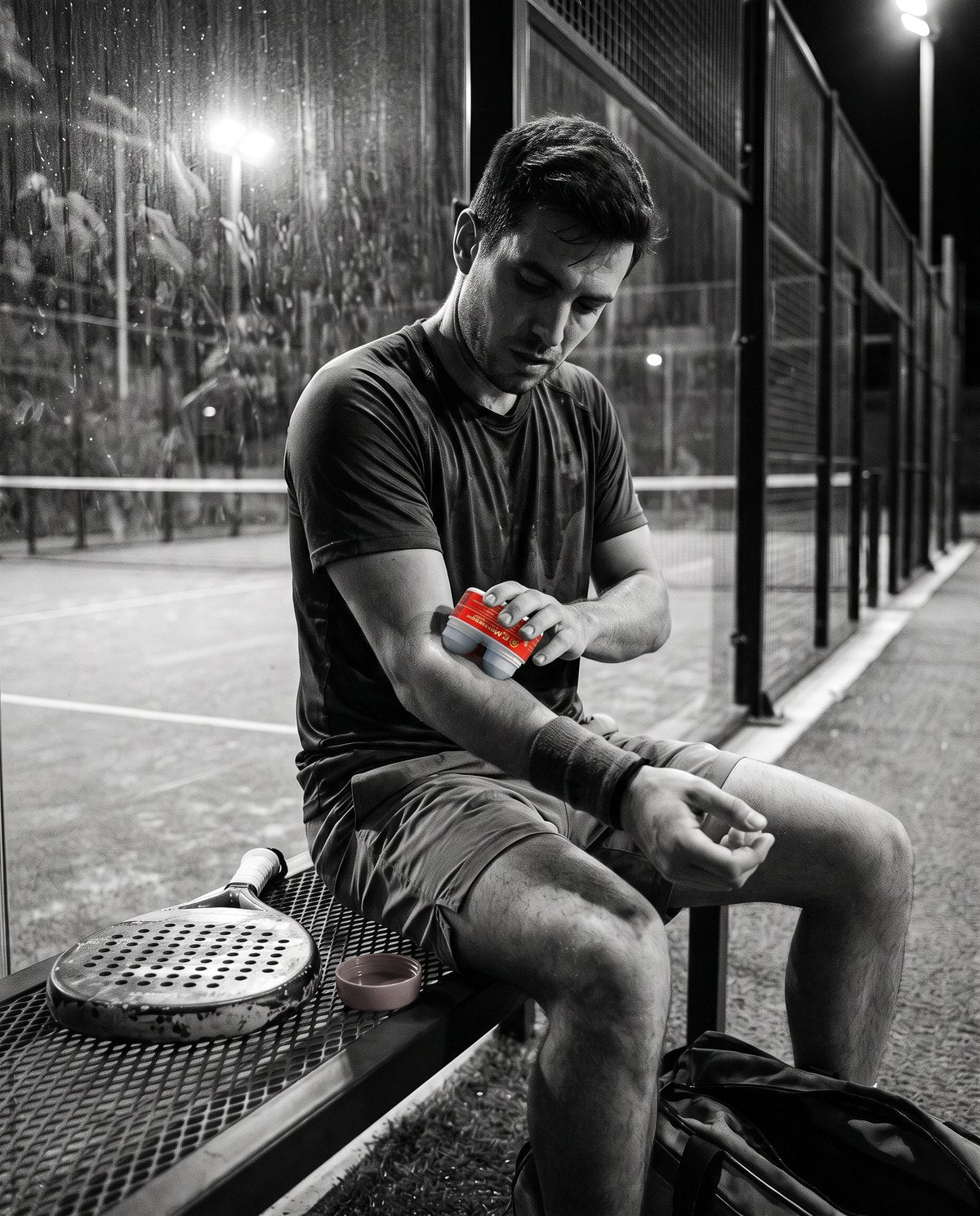 Padel player rolling a forearm courtside